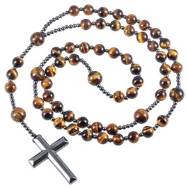KYEYGWO Hematite Long Beaded Cross Necklace for Men Women, Catholic Rosary Necklace for Faith Prayer Protection, Tiger's Eye Stone