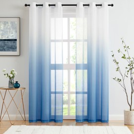 Cortinas transparentes de gasa degradada azul de 90 pulgadas de largo para decoración de sala de estar, recámara, cortinas de cortina de ventana semitransparentes con ojales en la parte superior para