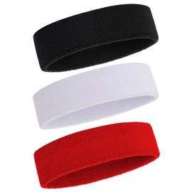 ONUPGO Sweatband Headband Men & Women - 3 Pieces Sports Headbands Moisture Wicking Athletic Cotton Terry Sweatband Sweat-Absorbing Headband 3 Black/White/Red