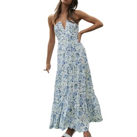 Kiluex Women Floral Halter Neck Maxi Dress Summer Tie-Up Sleeveless Backless Long Dress Flowy Ruffle Sundress (A-a-Blue, S)