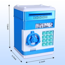 GuDoQi Piggy Bank, Electronic Money Bank, Safe Mini ATM Cash Coin Can, Auto Scroll Paper Money Saving Box, Great Birthday for Kids, Blue White