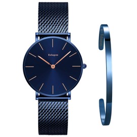 Kubagom Women's Watches Analogue Quartz Stainless Steel Waterproof Mesh Ultra Thin Set with Bangle, Blue surface, blue bracelet, blue bangle
