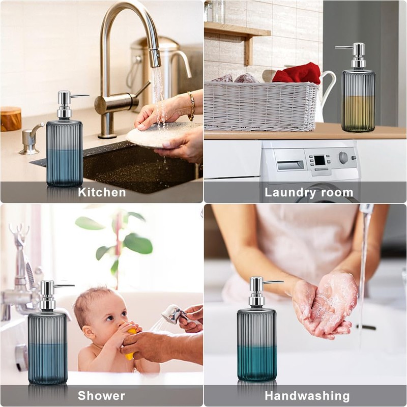 Glass Soap Dispenser - 17oz Ribbed Clear Glass Bottle with