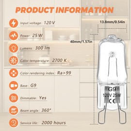 G9 Halogen Bulb 40W 120V 2700K Warm White Dimmable 480LM, T4 JCD Type 2 Pin Base G9 Halogen for Oven Bulbs, Chandelier Range Hood Bathroom Under Cabinet Lights, 12 Pack