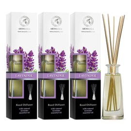 Reed Diffuser with Natural Essential Oil Lavender - 3 x 3.4 Fl Oz - Lavanda Diffuser - Scented Reed Diffuser - Gift Set w/Bamboo Sticks - for Aromatherapy - Home - Office - Fitness