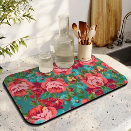 Floral Kitchen Counter Mat, 12 x 19.5 inches, Non-Slip Backing, Fast Drying, Pink Roses on Teal