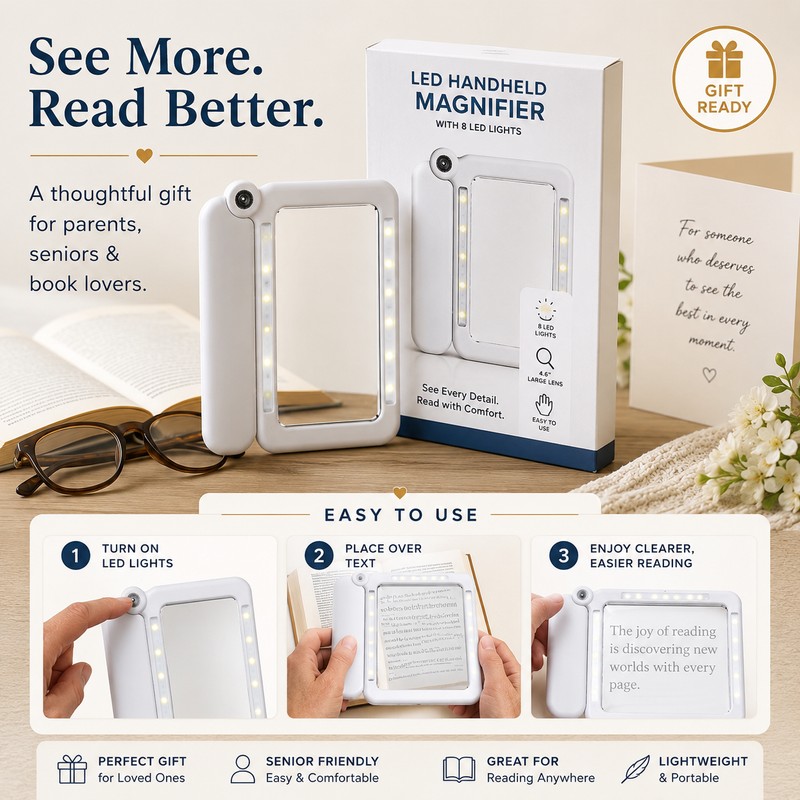 4X LED Handheld Magnifier for Reading – Rectangular Full-Page Magnifying