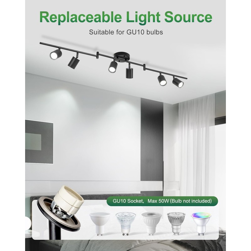 Fondiiz 6 Ways Track Lighting, Rotatable Heads Tracks Light, Track