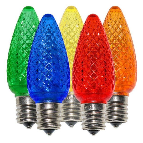 25 Pack Multi-Color C9 LED Replacement Bulbs Faceted Multi-Color LED Christmas Light Bulb 2 SMD LED diodes in Each Bulb Fits E17 Socket Commercial Grade Indoor and Outdoor Use