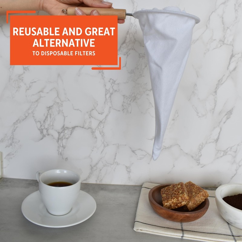 Imusa USA J100-4-50 Coffee Cloth Strainer with Wood Handle, White,