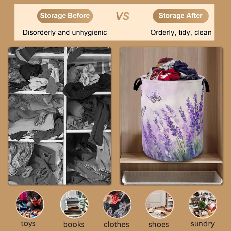 Laundry Hamper,Purple Lavender Laundry Basket,Butterfly Waterproof Oxford Cloth Storage Basket