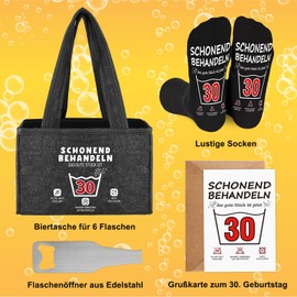 WenmthG Geschenkset zum 30 Geburtstag Männerhandtasche Bier Filz mit Flaschenöffner und Lustige Socken und Grußkarten für Mann Frauen, Bier Geschenke Männer Bierträger Flaschentasche für 6 Flaschen
