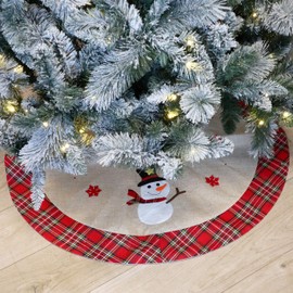 Skirt Snowflakes Printed Pattern Burlap Hessian Linen Xmas Tree Base Cover Floor Mat Holiday Home Decorations Reindeer/Snowman/Robin/Christmas Pudding, 86cm