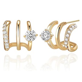 Goldene Ohrringe Damen – 14K Vergoldet, Triple Huggie Illusion Design, Hypoallergen, Edles Geschenk für Frauen