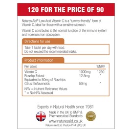 Natures Aid Low Acid Vitamin C 1000mg with Rosehips & Bioflavonoids 120 Tablets