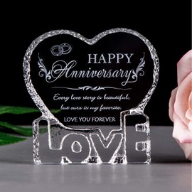 Movdyka Anniversary Wedding Gifts for Her Him Couple Crystal Love Heart Figurines Engraved Text with Happy Anniversary Romantic Gift for Wife Husband