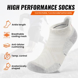 kaciixaa 4 Pairs Merino Wool Ankle Running Hiking Socks Compression Support Breathable Thick Cushion No Show Socks for Women Men(White,M)