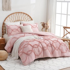 Merryword Pink Farmhouse Comforter Set Queen Size 3 Pcs Shabby Chic Ruffled Bedding Comforter Set Country Cottage Romantic Comforter for Women Girls