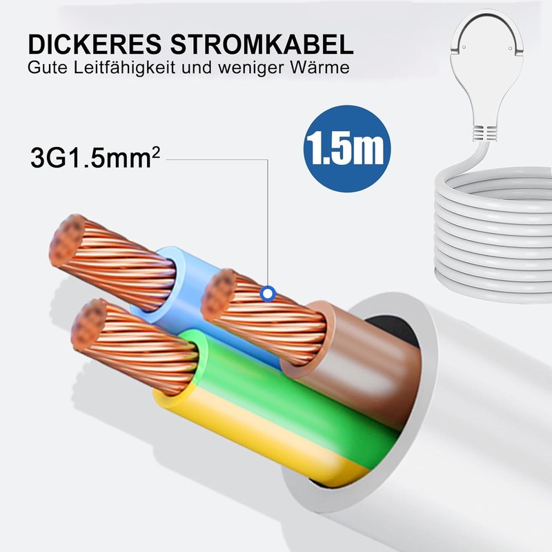 EXTRASTAR 3-Way Power Strip, Flat Plug Multiple Socket with 1.5