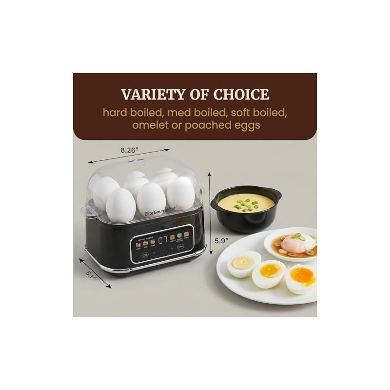 Elite Gourmet Digital Egg Cooker, 6 Egg Capacity, Soft/Medium/Hard Boiled,