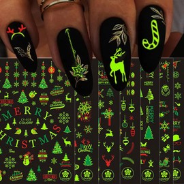 Christmas Nail Art Sticker Decals Glow in The Dark Nail Stickers 7PCS 3D Self-Adhesive Christmas Nail Designs Manicure Nail Art Supplies Slider Sticker for Women Xmas New Year Nail Art Decorations