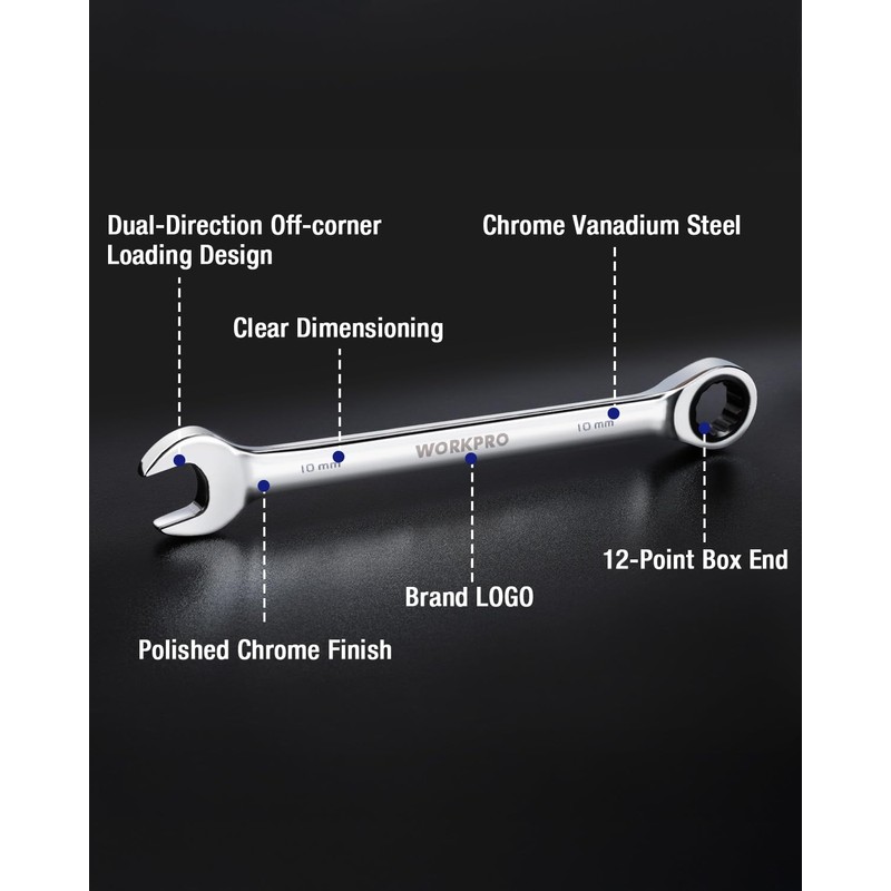 WORKPRO 10 mm Ratcheting Combination Wrench Metric, CR-V Constructed with