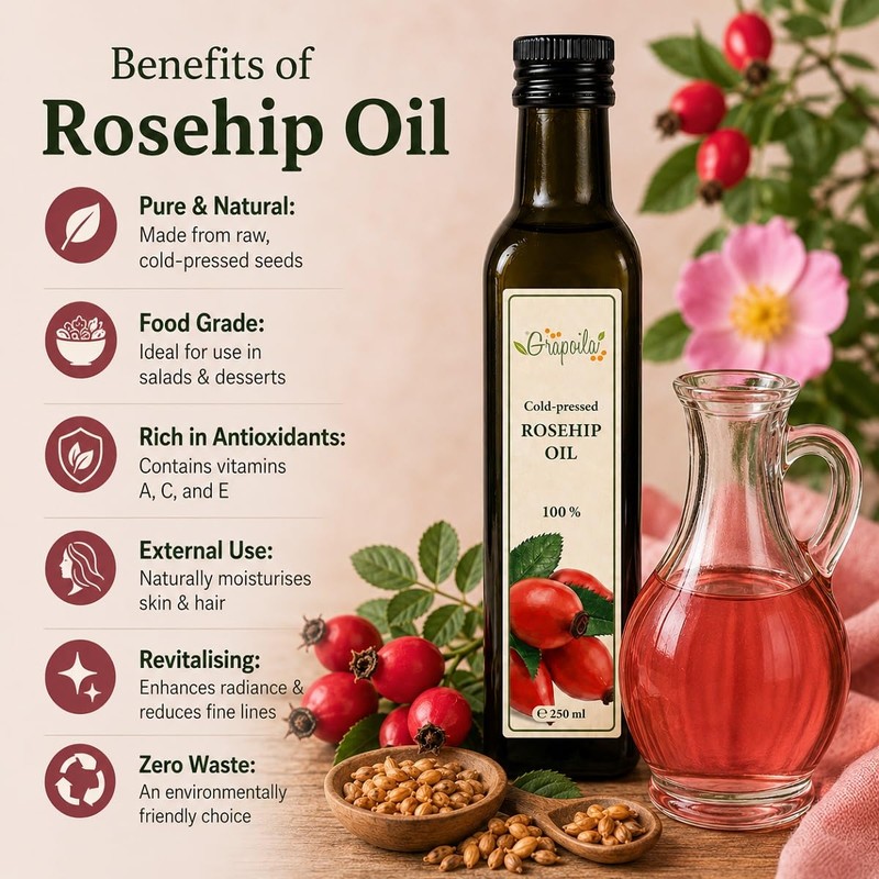 Cold-Pressed Rosehip Oil 250ml - 100% Pure Oil for Body,