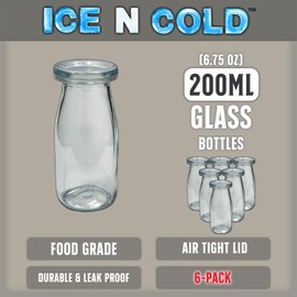 ICE N COLD 6.76 oz / 200ml Vintage Glass Bottle with Leakproof Clear Lid, Reusable & Eco-Friendly – Ideal for Milk, Juices, Smoothies, Infused Water, BPA-Free Glass Bottle (6-Pack)