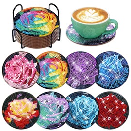 Juego de 8 posavasos de arte de diamantes de color rosa con soporte, posavasos de arte de diamante con bases de corcho para adultos, kits de diamantes para regalo de Navidad y día festivo