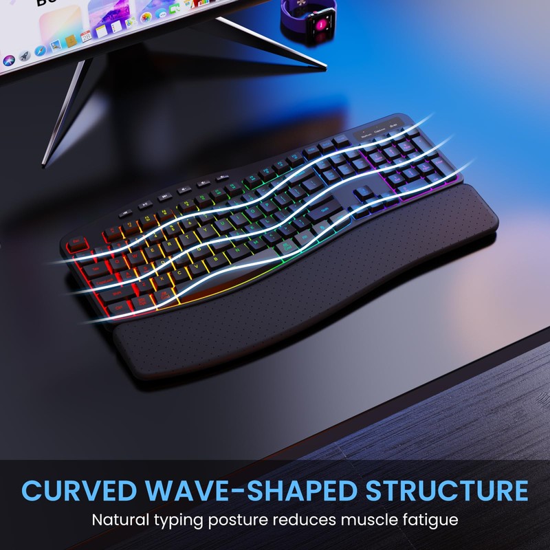 COLIKES Wireless Ergonomic Keyboard, Backlit Keyboard Silent with 15 RGB