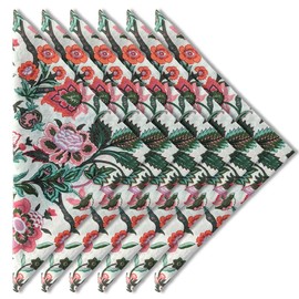 Craftbot Soft Cotton Printed Napkins 18x18 inches - Washable Cloth Thin Napkins Set of 6 - Everyday Use or Dinner Party and Events - Pink on Off White Floral Lighweight Indian Block Print Fabric