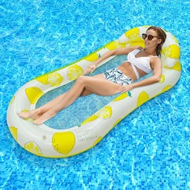 Inflatable Water Hammock Pool Hammock with Headboard Bath Hammock Water Air Mattress with Net for Children Adults for Summer Pool, Beach, Lake & Parties (Lemon)