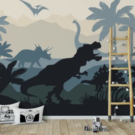 Alwayspon Peel and Stick Fabric Wall Mural Sticker, Self-adhesive Landscape Wallpaper for Living Room Bedroom Nursery Room Decor, Dinosaur Mountain