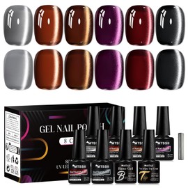 MTSSII Nude Brown Cat Eye Gel Nail Polish Set 6 Colors Glass Magnetic Gel Polish Set Crystal Cateye Gel Polish with Magnet Stick Shimmery Gray Purple Nail Art Salon Home Gift 8Pcs