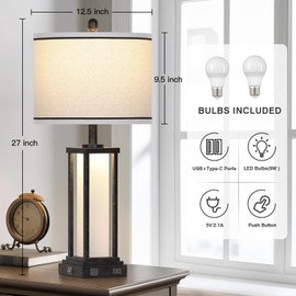 27" Tall Vintage Table Lamp Set of 2 with USB C+A & Outlet,Bronze Industrial End Table Lamp for Living Room,Farmhouse Rustic Bedside Lamps with Frosted Glass Night Light for Bedroom Nightstand,Bronze