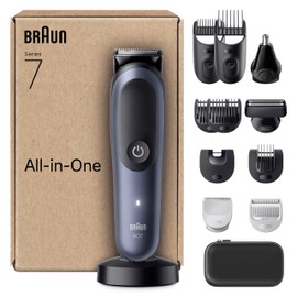Braun All-in-One Series 7 Grooming Kit, 13in1, ProBlade & AutoSense, 120 Min, SkinGuard & Beard Fading, AquaGrip for Under Water Use, AIO7565, Blue
