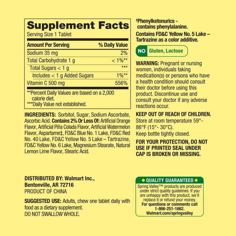 Spring Valley Vitamin C Chewable Tablets Dietary Supplement, 500 mg,