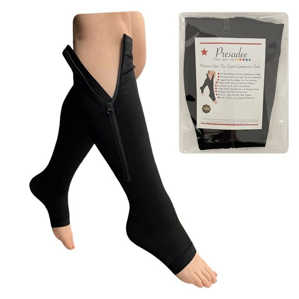 Presadee Premium 20-30 mmHg Firm Compression Swelling Pain Zipper Open Toe Sock (Black, 4X-Large)