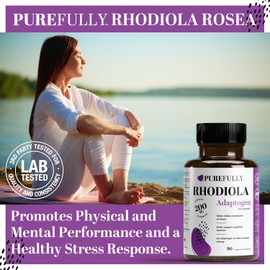 PUREFULLY Rhodiola Rosea 200mg - 90 Capsules, 10:1 Extract (3% Rosavins, 1% Salidroside) - Supplement for Stress Relief, Mood & Energy Support - Made in Canada