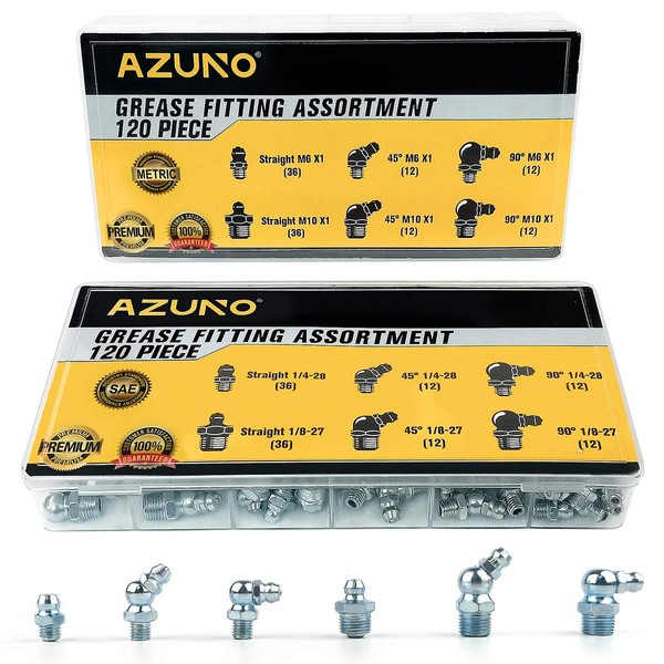 AZUNO Hydraulic Grease Fittings, 240 Pieces SAE & Metric Grease Fitting Assortment with 120 PCS Grease Fitting Caps, Standard Grease Gun Fittings Perfect for Replacing Missing or Broken Zerk Fitting