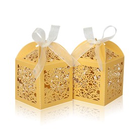 DOYIDE 100pcs Laser Cut Favor boxes, Wedding Favors Candy Boxes with Ribbons and Tags, Small Gift Boxes for Wedding,Party,Baby Shower,Bridal Shower (100-2x2x2.76", Gold)
