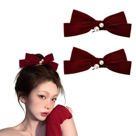 2Pcs Red Bow Clips for Hair Barrettes for Thin Thick Hair Bows with Pearl Hair Clip for Women Girls Christmas Hair Decorations for Women Teen Girls Bow Knot Hair Clip for Women Girls
