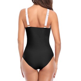 Tempt Me Women Ruched Slimming One Piece Swimsuits Tummy Control Vintage Bathing Suits, Black White, Large
