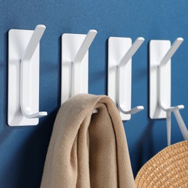 YIGII Towel Hooks/Adhesive Hooks - Heavy Duty Wall Hooks Stainless Steel Robe/Coat Towel Hooks for Bathroom and Bedroom, White 4-Packs