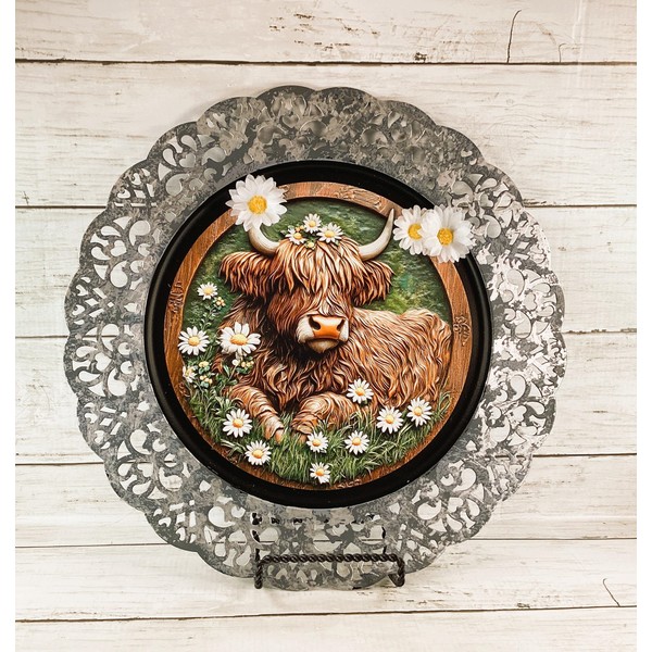 AGD Spring Decor - Daisy Highland Cow Charger Plate Tin