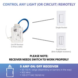 RunLessWire 5 Amp On/Off Receiver Add-On RF Relay Compatible with Self-Powered Kinetic Wireless Light Switches to Control Electrical Circuit Remotely Easy DIY Install 100-240VAC, Indoor Use