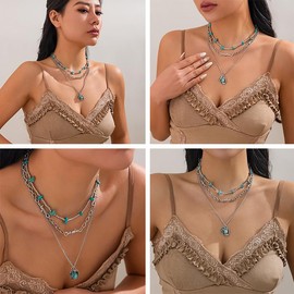 AllJunction Western Silver Turquoise Necklaces Stack Vintage Country Cowgirl Cowboy Hat Beaded Layered Choker Necklace Boho Hippie Jewelry Accessories for Women (3-layer)