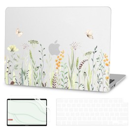 G JGOO Compatible with MacBook Air 13 inch Case 2024 2023 2022 Release M3 A3113 M2 A2681, Plastic Laptop Hard Shell for MacBook Air 13.6 inch Case + Keyboard Cover + Screen Protector, Green Flowers