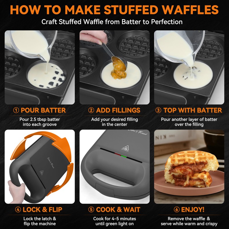 Baker's Friend Multi Stuffed Waffle Maker Thick, 4-Slice with 1.2''