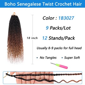 ZRQ 9 Packs Senegalese Twist Crochet Hair Boho Island Twist Crochet Hair 18 Inch Pre Looped Synthetic Braiding Hair with Curly Ends for Black Women 1B3027#